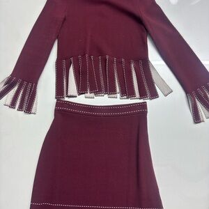 STAUD Burgundy Midi Dress with Fringe Detail